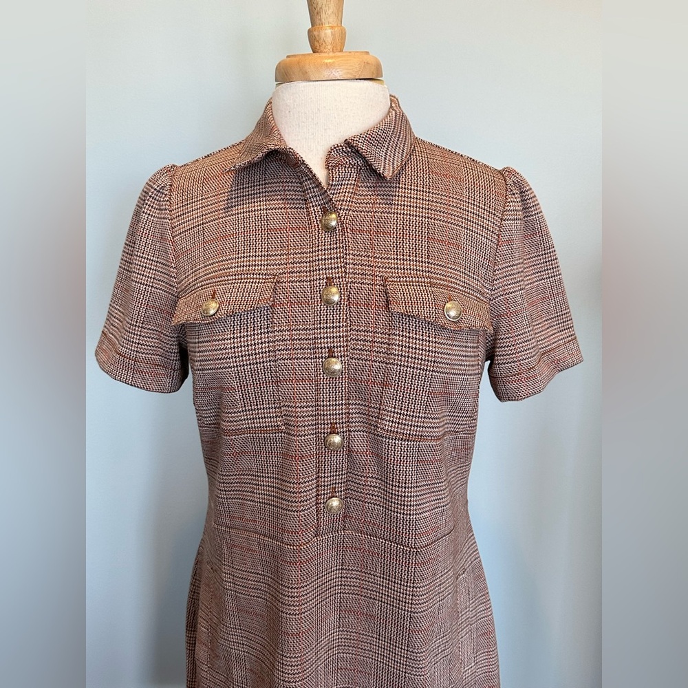 Loft Plaid Collared Mini shift dress front button browns short sleeve size 6 - Picture 3 of 16